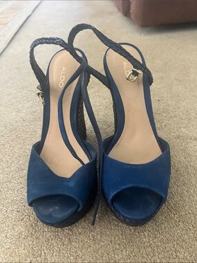 ALDO Navy Open-Toe Braided Ankle Wedge Sandals